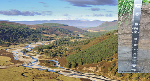 Alluvial plain (©Lorne Gill/NatureScot) insert mineral alluvial soil (© The James Hutton Institute)