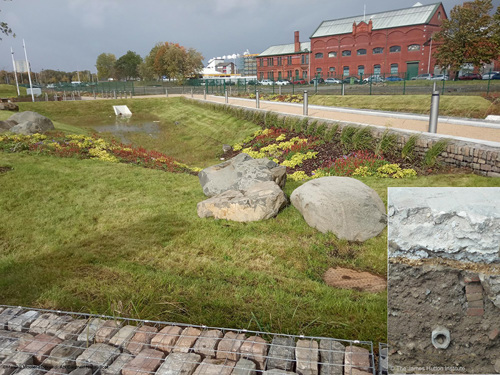 SUDS and green infrastructure (©Mareike Moeller-Holtkamp, Abi Gardner/ NatureScot) insert technosol (© The James Hutton Institute) SUDS and green infrastructure (©Mareike Moeller-Holtkamp, Abi Gardner/ NatureScot) insert technosol (© The James Hutton Institute)